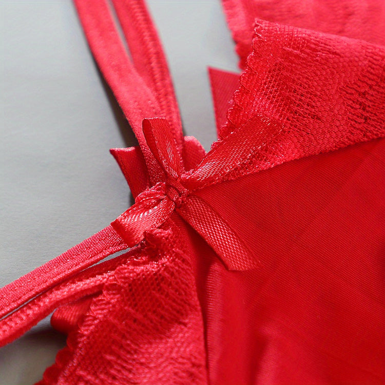 3pcs Solid Contrast Lace Bow Cut Out Thongs, Comfy & Breathable Intimates Panties, Women&
