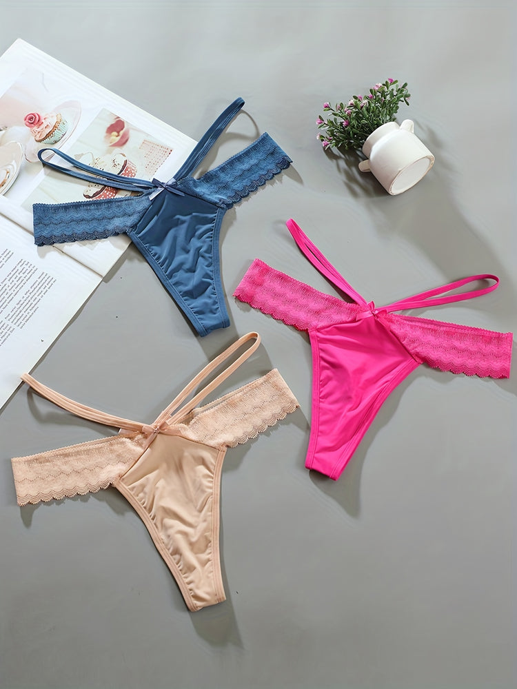 3pcs Solid Contrast Lace Bow Cut Out Thongs, Comfy & Breathable Intimates Panties, Women&