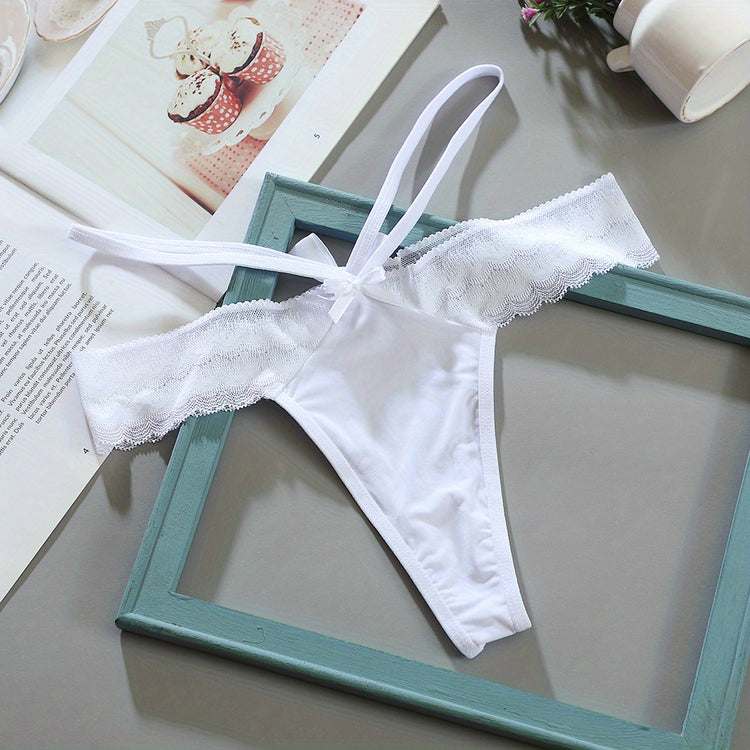 3pcs Solid Contrast Lace Bow Cut Out Thongs, Comfy & Breathable Intimates Panties, Women&