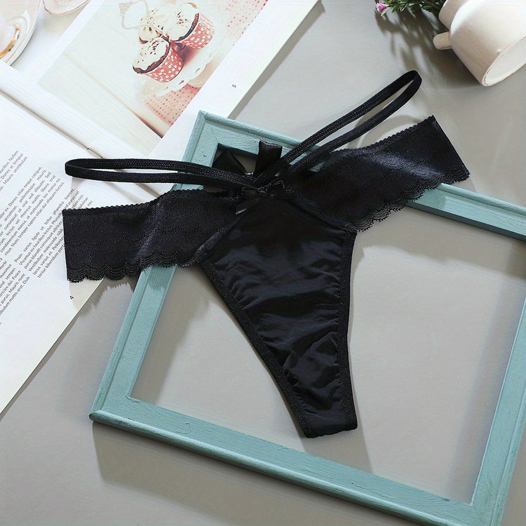 3pcs Solid Contrast Lace Bow Cut Out Thongs, Comfy & Breathable Intimates Panties, Women&