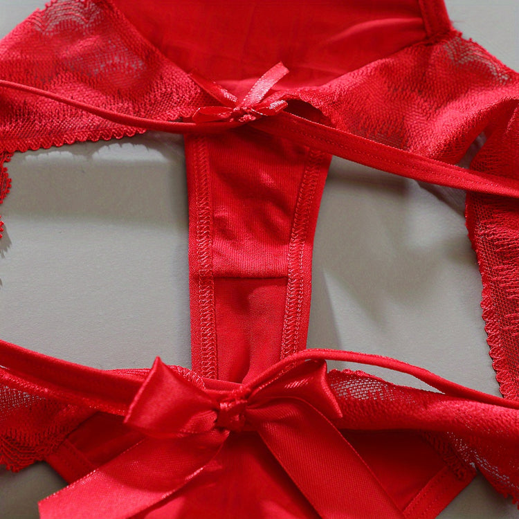 3pcs Solid Contrast Lace Bow Cut Out Thongs, Comfy & Breathable Intimates Panties, Women&