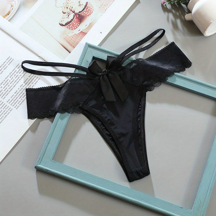3pcs Solid Contrast Lace Bow Cut Out Thongs, Comfy & Breathable Intimates Panties, Women&