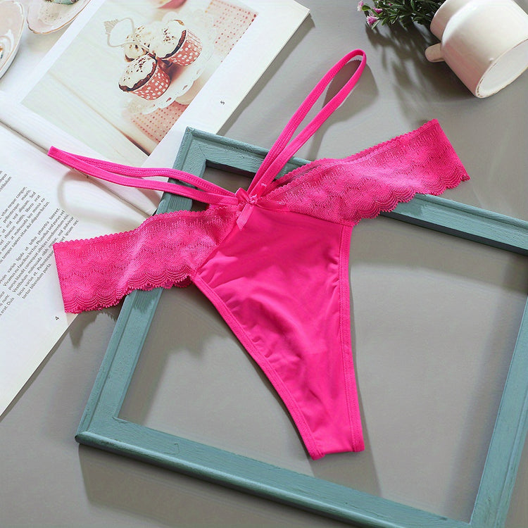 3pcs Solid Contrast Lace Bow Cut Out Thongs, Comfy & Breathable Intimates Panties, Women&