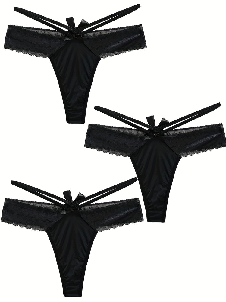 3pcs Solid Contrast Lace Bow Cut Out Thongs, Comfy & Breathable Intimates Panties, Women&
