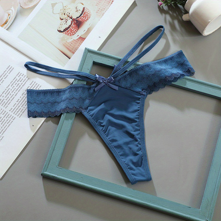 3pcs Solid Contrast Lace Bow Cut Out Thongs, Comfy & Breathable Intimates Panties, Women&