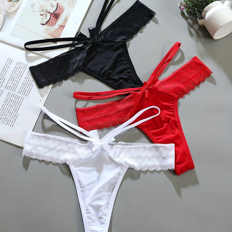 3pcs Solid Contrast Lace Bow Cut Out Thongs, Comfy & Breathable Intimates Panties, Women&