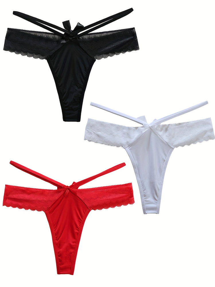 3pcs Solid Contrast Lace Bow Cut Out Thongs, Comfy & Breathable Intimates Panties, Women&