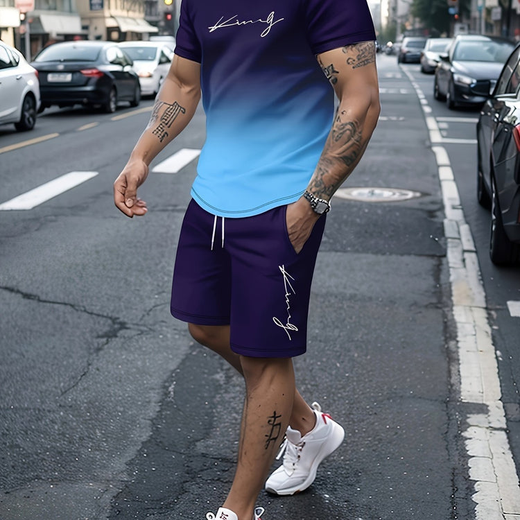 Ombre 2Pcs Trendy Outfits For Men, Casual Crew Neck Short Sleeve T-shirt And Drawstring Shorts Set For Summer, Men&