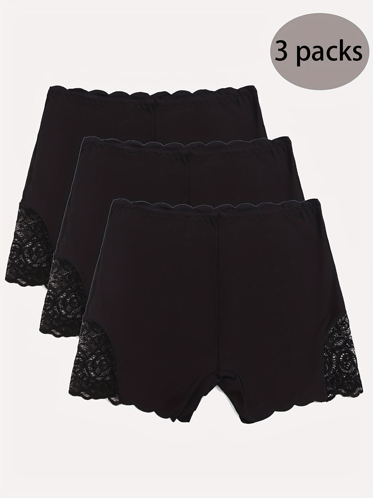 3pcs Contrast Lace Boyshort Panties, Seamless Scallop Trim Bow Tie Panties, Women&