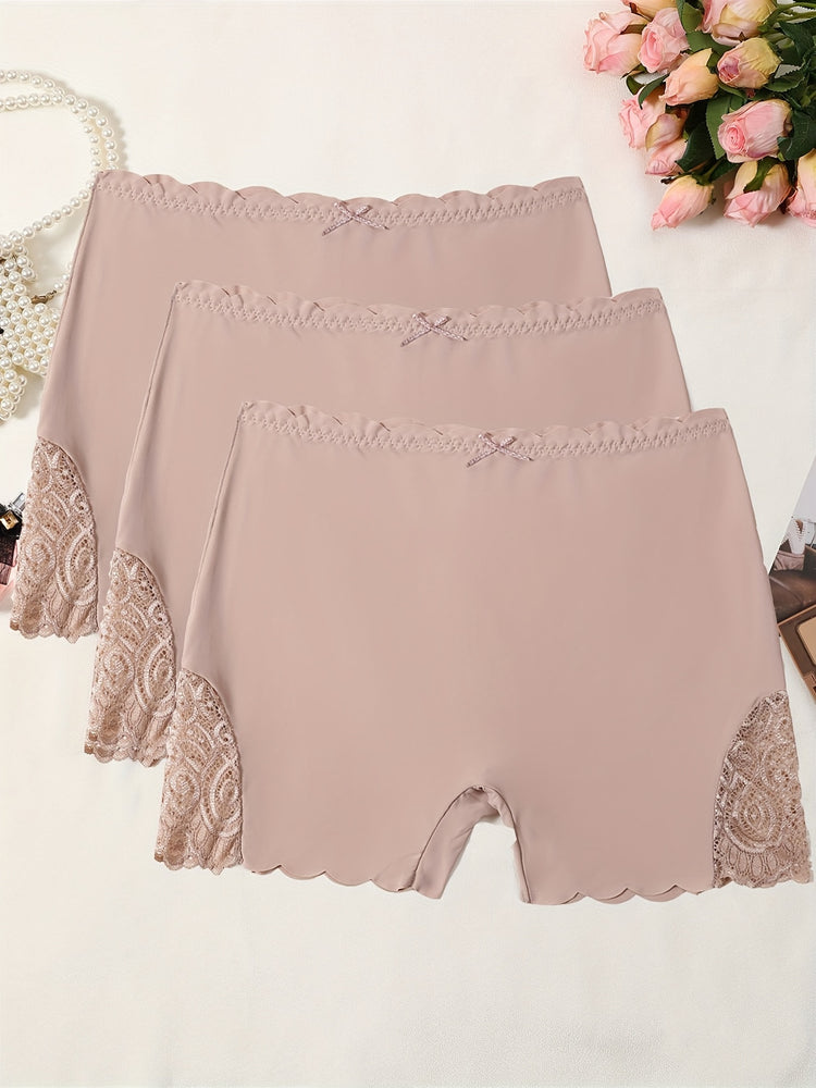 3pcs Contrast Lace Boyshort Panties, Seamless Scallop Trim Bow Tie Panties, Women&