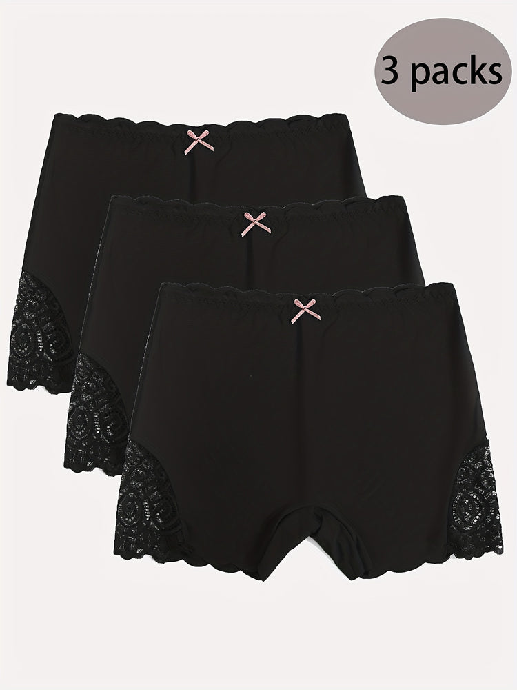 3pcs Contrast Lace Boyshort Panties, Seamless Scallop Trim Bow Tie Panties, Women&