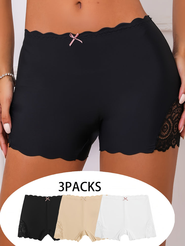 3pcs Contrast Lace Boyshort Panties, Seamless Scallop Trim Bow Tie Panties, Women&