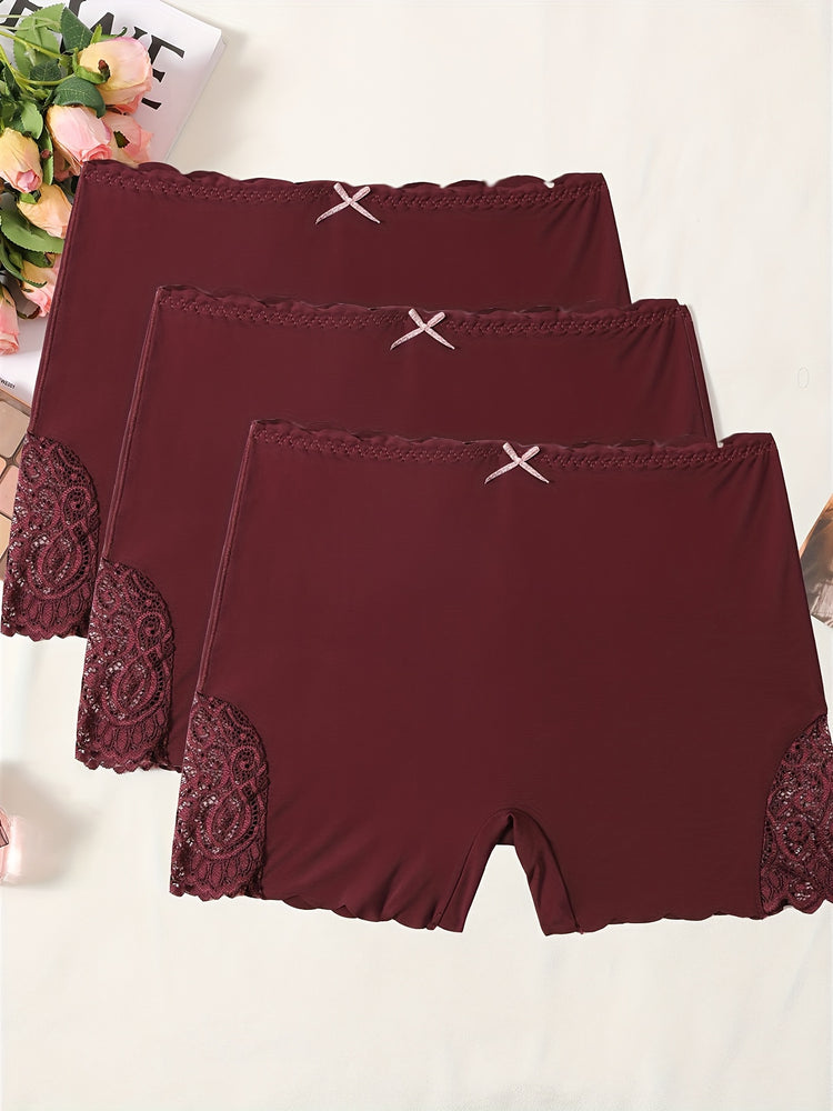 3pcs Contrast Lace Boyshort Panties, Seamless Scallop Trim Bow Tie Panties, Women&