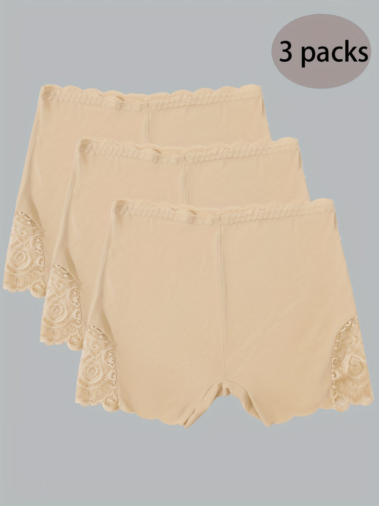 3pcs Contrast Lace Boyshort Panties, Seamless Scallop Trim Bow Tie Panties, Women&