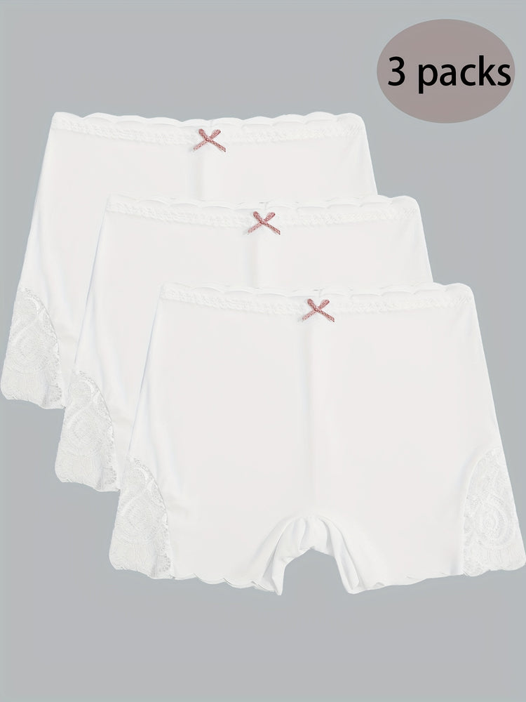 3pcs Contrast Lace Boyshort Panties, Seamless Scallop Trim Bow Tie Panties, Women&