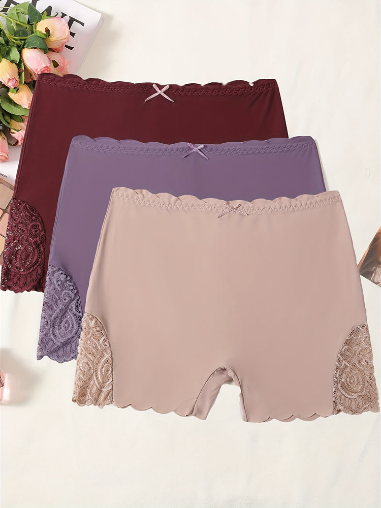 3pcs Contrast Lace Boyshort Panties, Seamless Scallop Trim Bow Tie Panties, Women&