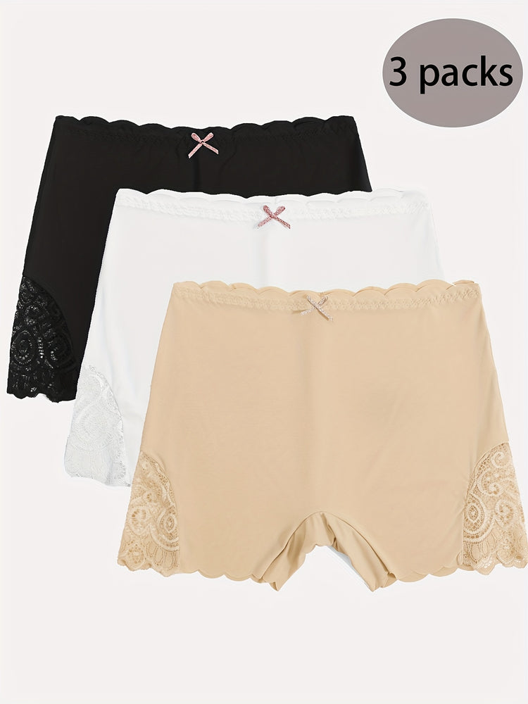 3pcs Contrast Lace Boyshort Panties, Seamless Scallop Trim Bow Tie Panties, Women&