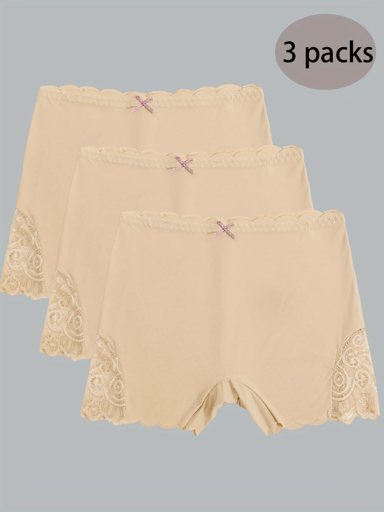 3pcs Contrast Lace Boyshort Panties, Seamless Scallop Trim Bow Tie Panties, Women&