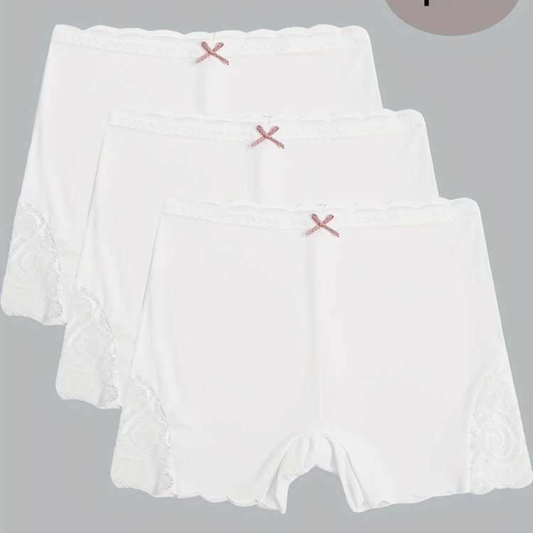 3pcs Contrast Lace Boyshort Panties, Seamless Scallop Trim Bow Tie Panties, Women&