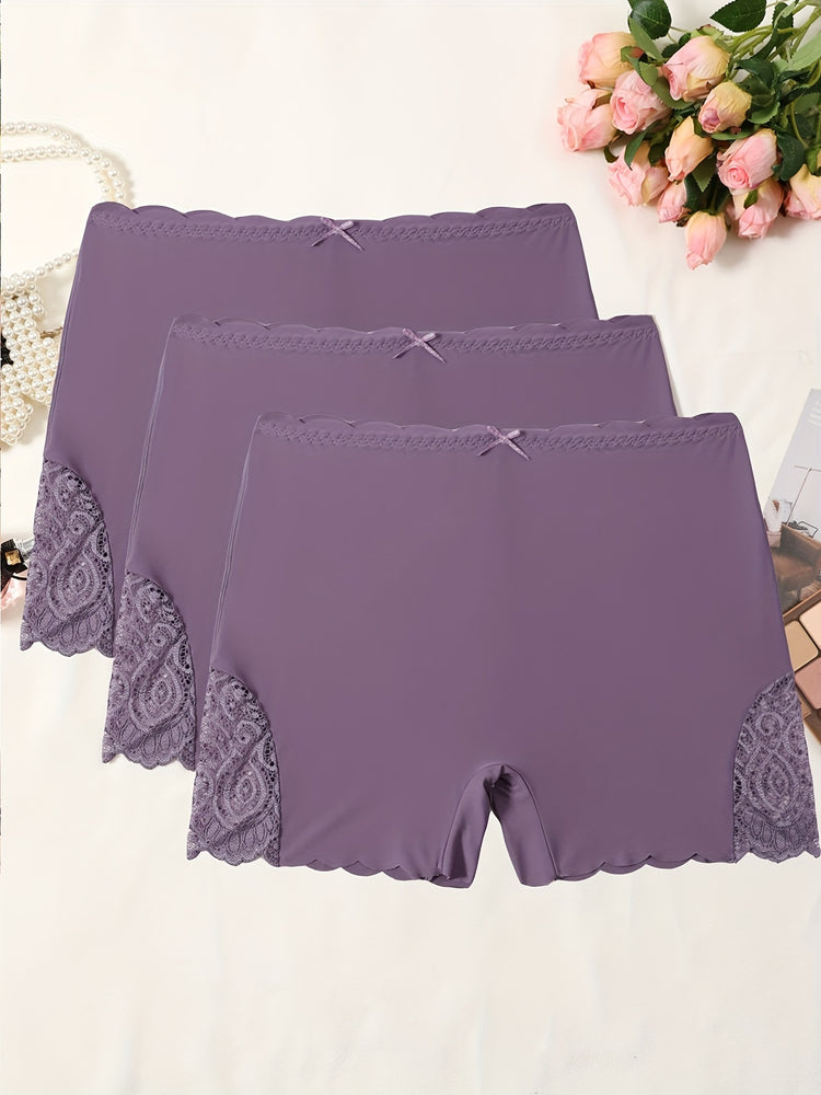 3pcs Contrast Lace Boyshort Panties, Seamless Scallop Trim Bow Tie Panties, Women&