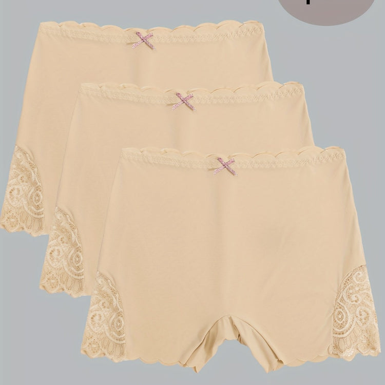 3pcs Contrast Lace Boyshort Panties, Seamless Scallop Trim Bow Tie Panties, Women&