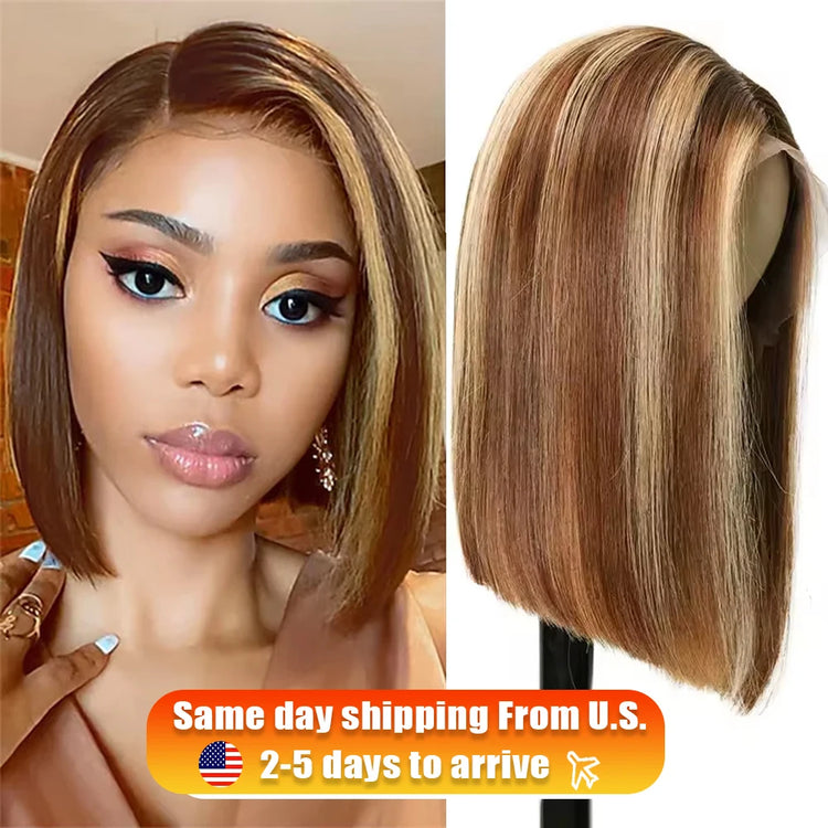 200% 16 Inch Highlight Short Bob Wigs 13X6 Straight Hd Lace Front Ombre Brown Frontal Glueless Bob Wig Human Hair Ready to Wear - Lena & Miles Exquisite Boutique LLC.
