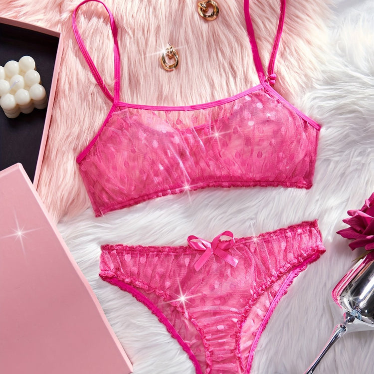 Elegant Polka Dot Mesh Unlined Bra & Panty Set - Sexy Semi-Sheer Lingerie with Bow Detail, Comfortable Knit - Lena & Miles Exquisite Boutique LLC.