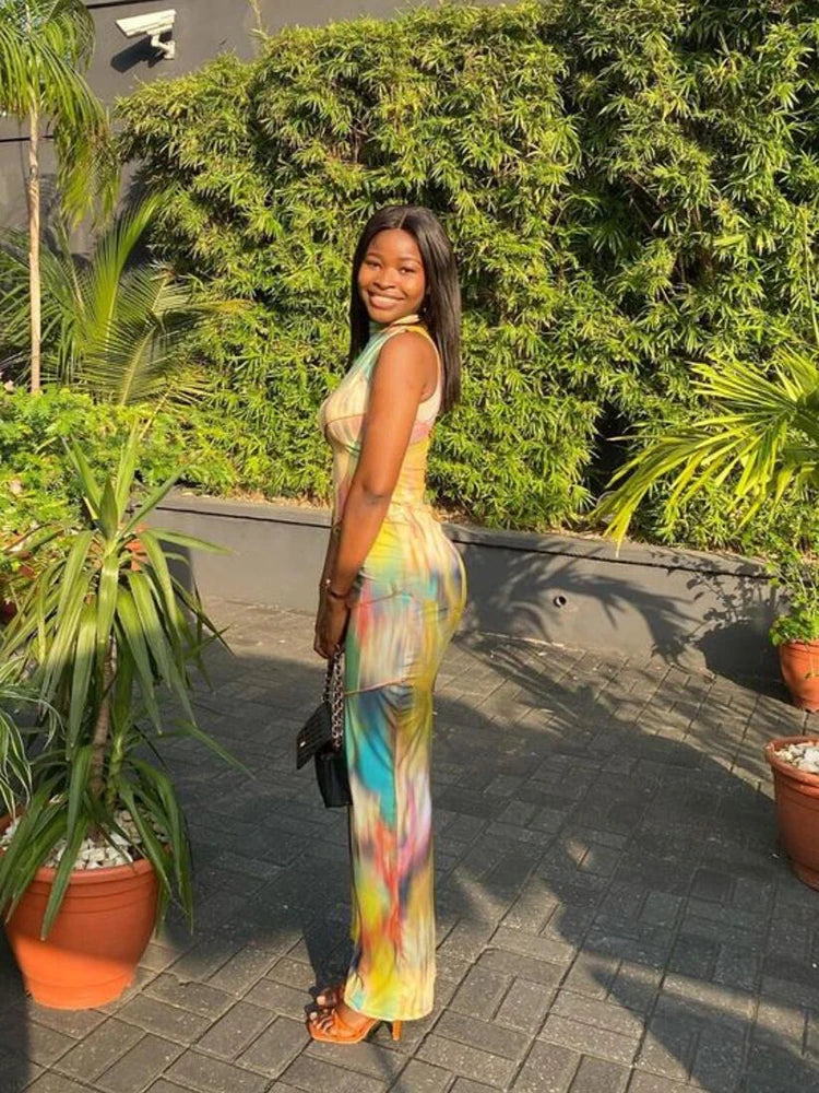 Weird Puss Colorful Print Dress Women Summer Trend Sleeveless Patchwork Skinny Elastic Bodycon Birthday Party Clubwear Vestidos - Lena & Miles Exquisite Boutique LLC.