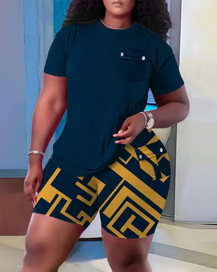 Women Two Piece Shorts Sets Solid Round Neck T Shirts Pockets Elastic Waist Short Trousers Suits Leisure Ladies 2025 Summer - Lena & Miles Exquisite Boutique LLC.