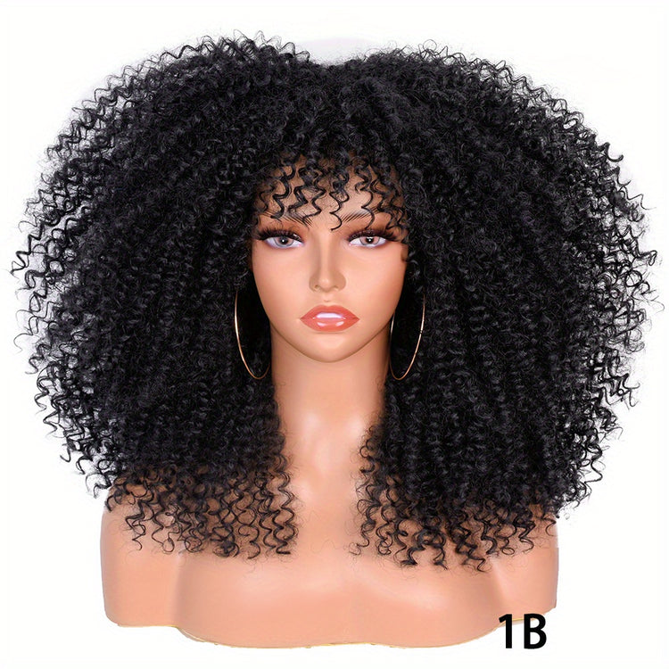 Soft Fluffy Afro Kinky Curly 16 Inch Hair Wigs With Bangs - Synthetic Fiber None Lace Wigs For Party Cosplay Daily Use - Lena & Miles Exquisite Boutique LLC.