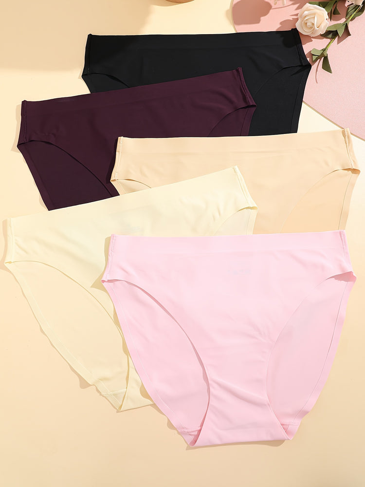 5pcs Seamless Solid Briefs, Comfy & Breathable Stretchy Intimates Panties, Women&