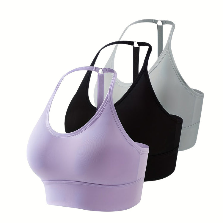 3pcs Seamless Halter Sports Bras, Comfy & Breathable Yoga Fitness Bra, Women&