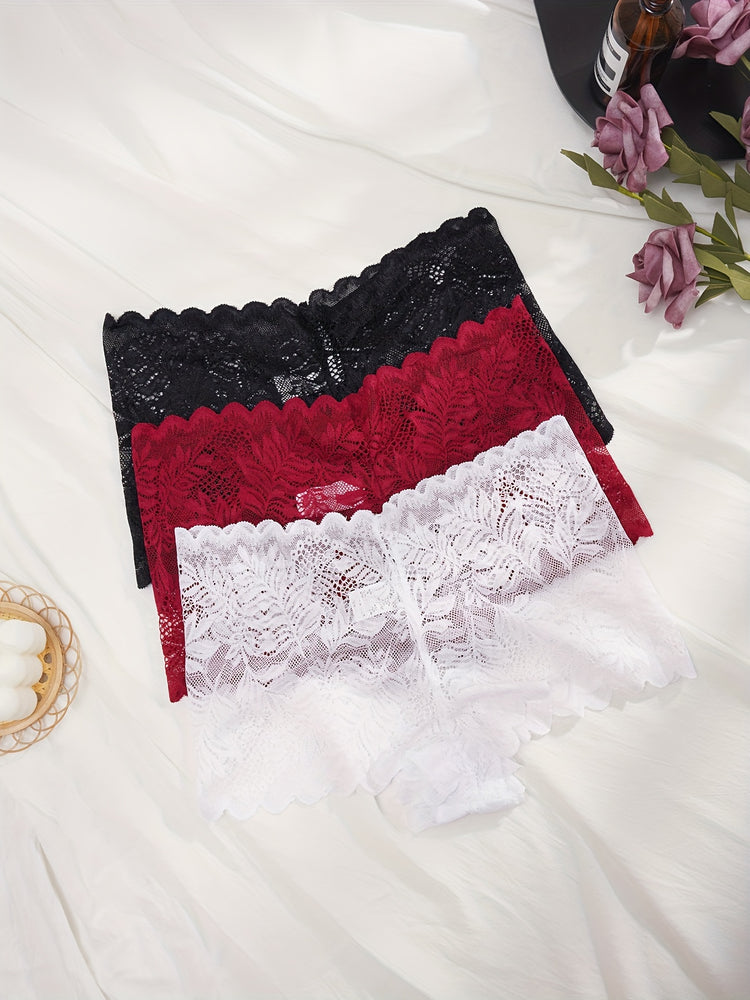 3-Piece Delicate Floral Lace Panty Set - Seductive Semi-sheer with Elegant Scallop Trim - Feminine Intimates & Lingerie for Women - Everyday Luxury - Lena & Miles Exquisite Boutique LLC.