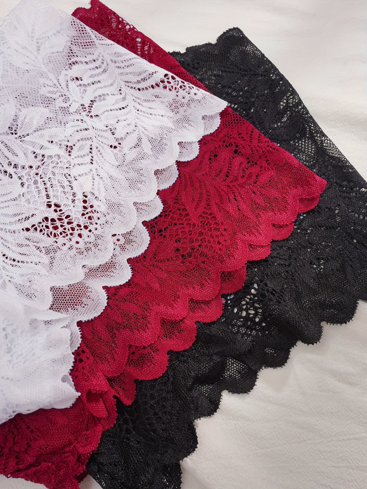 3-Piece Delicate Floral Lace Panty Set - Seductive Semi-sheer with Elegant Scallop Trim - Feminine Intimates & Lingerie for Women - Everyday Luxury - Lena & Miles Exquisite Boutique LLC.