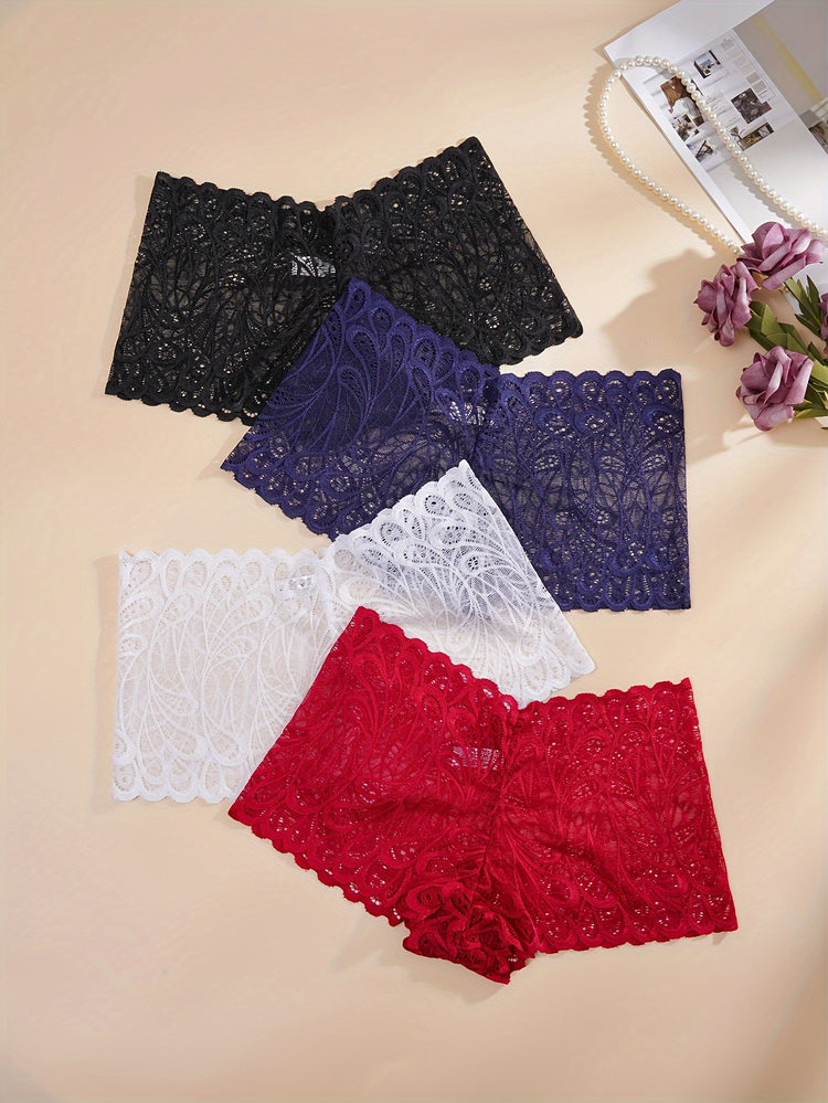 4pcs Romantic Floral Lace Boyshort Panties - Luxurious Soft & Comfortable Sheer Lingerie Set for Women - Seamless Stretchy Underwear for Everyday Feminine Elegance - Lena & Miles Exquisite Boutique LLC.