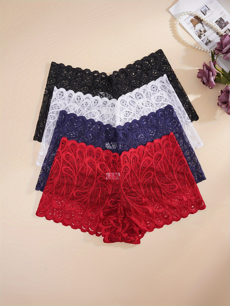 4pcs Romantic Floral Lace Boyshort Panties - Luxurious Soft & Comfortable Sheer Lingerie Set for Women - Seamless Stretchy Underwear for Everyday Feminine Elegance - Lena & Miles Exquisite Boutique LLC.