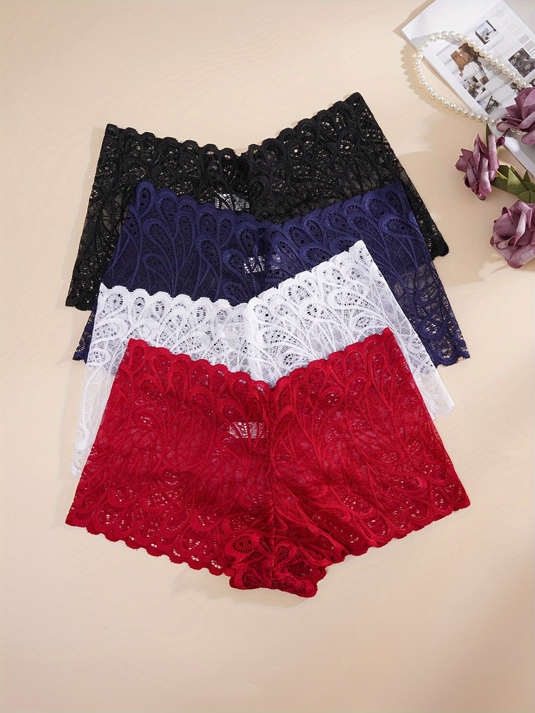 4pcs Romantic Floral Lace Boyshort Panties - Luxurious Soft & Comfortable Sheer Lingerie Set for Women - Seamless Stretchy Underwear for Everyday Feminine Elegance - Lena & Miles Exquisite Boutique LLC.