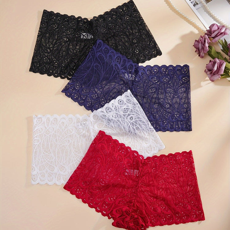 4pcs Romantic Floral Lace Boyshort Panties - Luxurious Soft & Comfortable Sheer Lingerie Set for Women - Seamless Stretchy Underwear for Everyday Feminine Elegance - Lena & Miles Exquisite Boutique LLC.