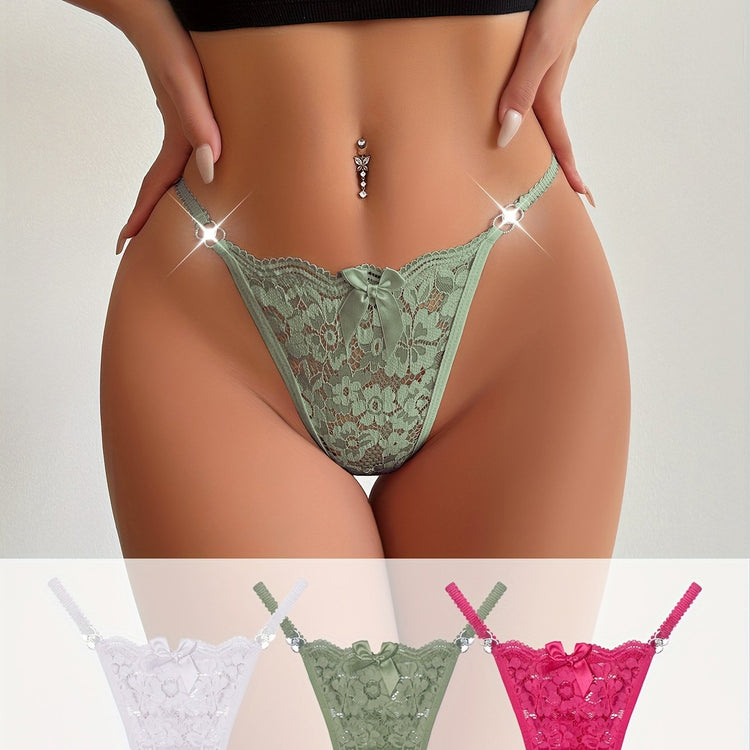 3pcs Floral Lace Bow Thongs, Semi-sheer Ring Linked Panties, Women&