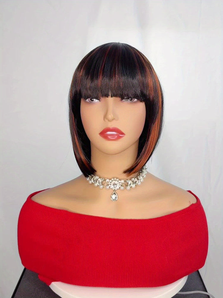 Short Bob Wigs With Bangs - 10 Inch Black Mix Brown Straight Hair Daily Costume Wig For Women, Soft Light Synthetic Hair Replacement Wigs Heat Resistant - Lena & Miles Exquisite Boutique LLC.