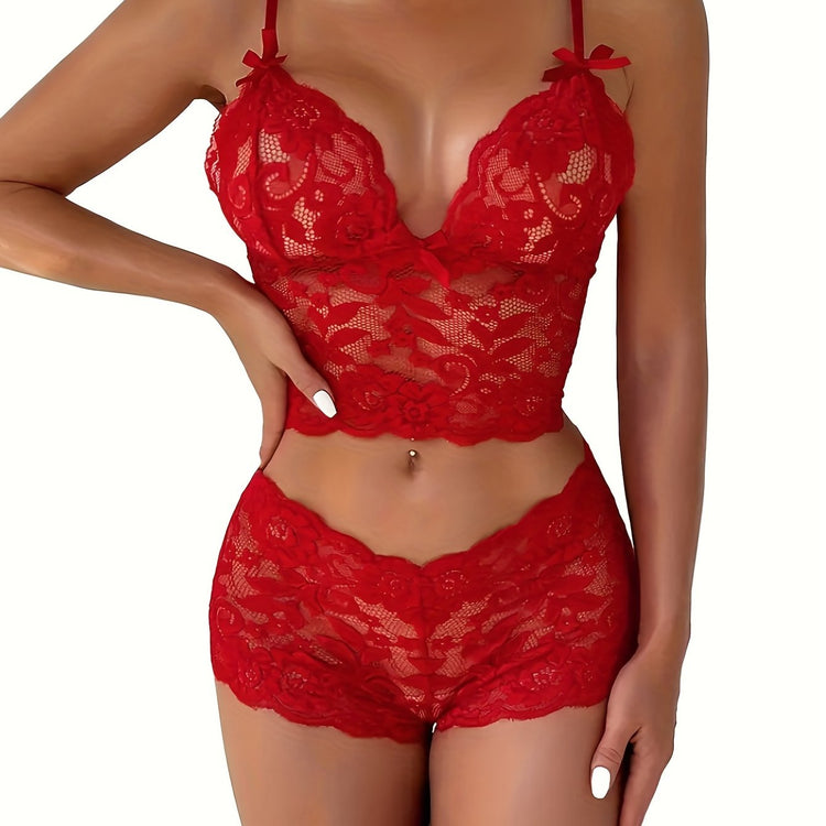 Sexy Solid Lace Bow Bra & Panty, Deep V Bra & Boyshort Panties Lingerie Set, Women&