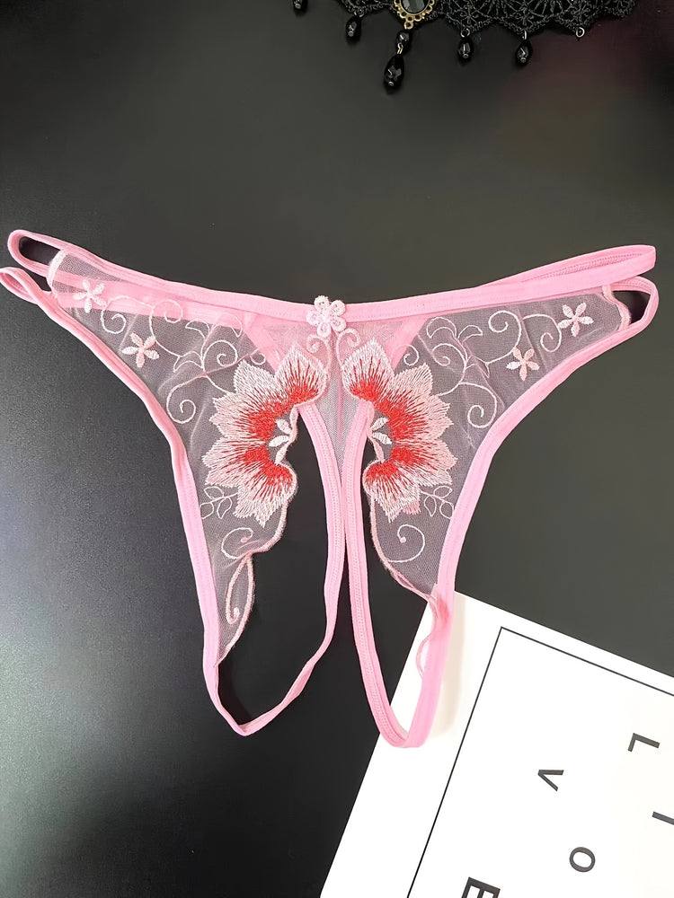 Delicate Floral Embroidered Mesh Thong Lingerie - Seductive Open Crotch & Ultra-Sheer Design - Breathable Womens Intimate Wear for Special Occasions - Lena & Miles Exquisite Boutique LLC.