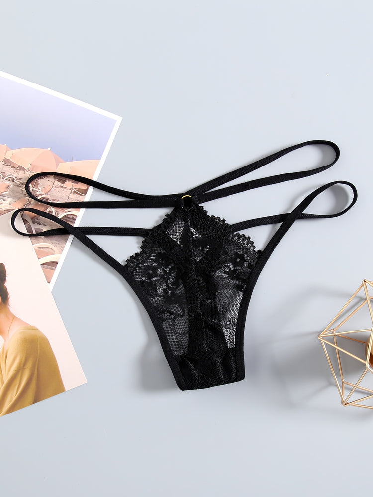 3pcs Cut-out Lace Thongs, Semi Sheer Thin Belt Intimates Panties, Women&