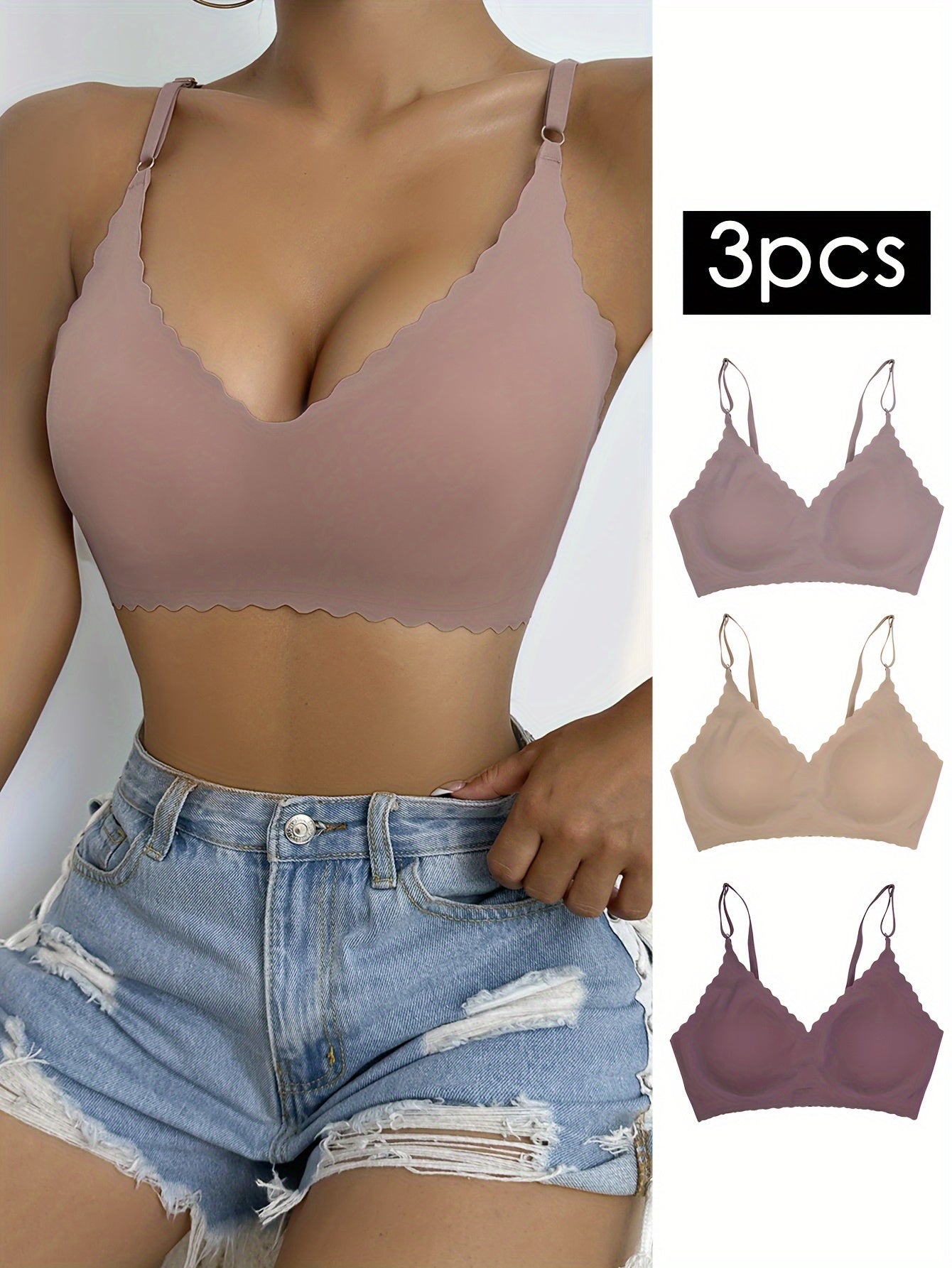 3pcs Wavy Trim Seamless Bralettes, Comfortable & Breathable Wireless Intimates Bras, Women&