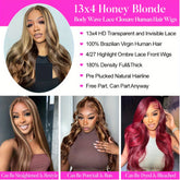 Honey Blonde Lace Front Wig Human Hair 13x4 HD Transparent 4/27 Highlight Ombre Lace Front Wigs Human Hair Pre Plucked With Baby Hair 180% Density Body Wave Glueless Human Hair Wigs For Women - Lena & Miles Exquisite Boutique LLC.