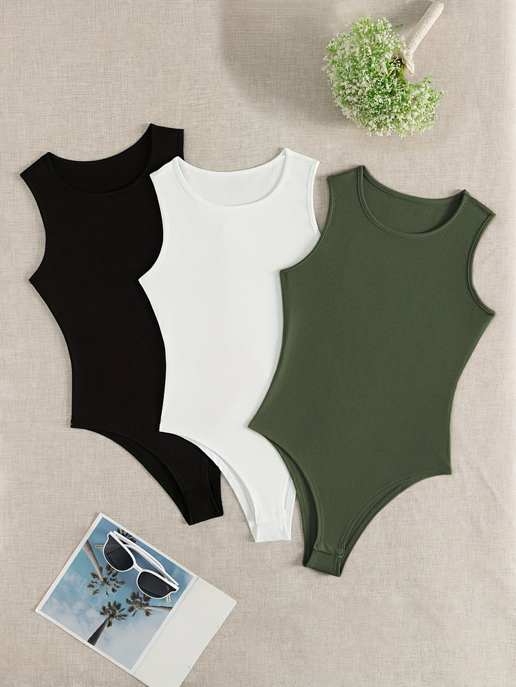 3-Pack Versatile Sleeveless Bodysuits for Women - Form-Fitting Crew Neck Design, Everyday Comfort & Style in a Bodycon Fit - Lena & Miles Exquisite Boutique LLC.