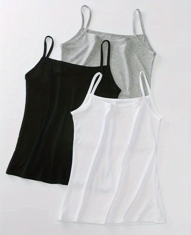 3 Sets Solid Cami Tops, Casual Comfy All-match Top, Women&