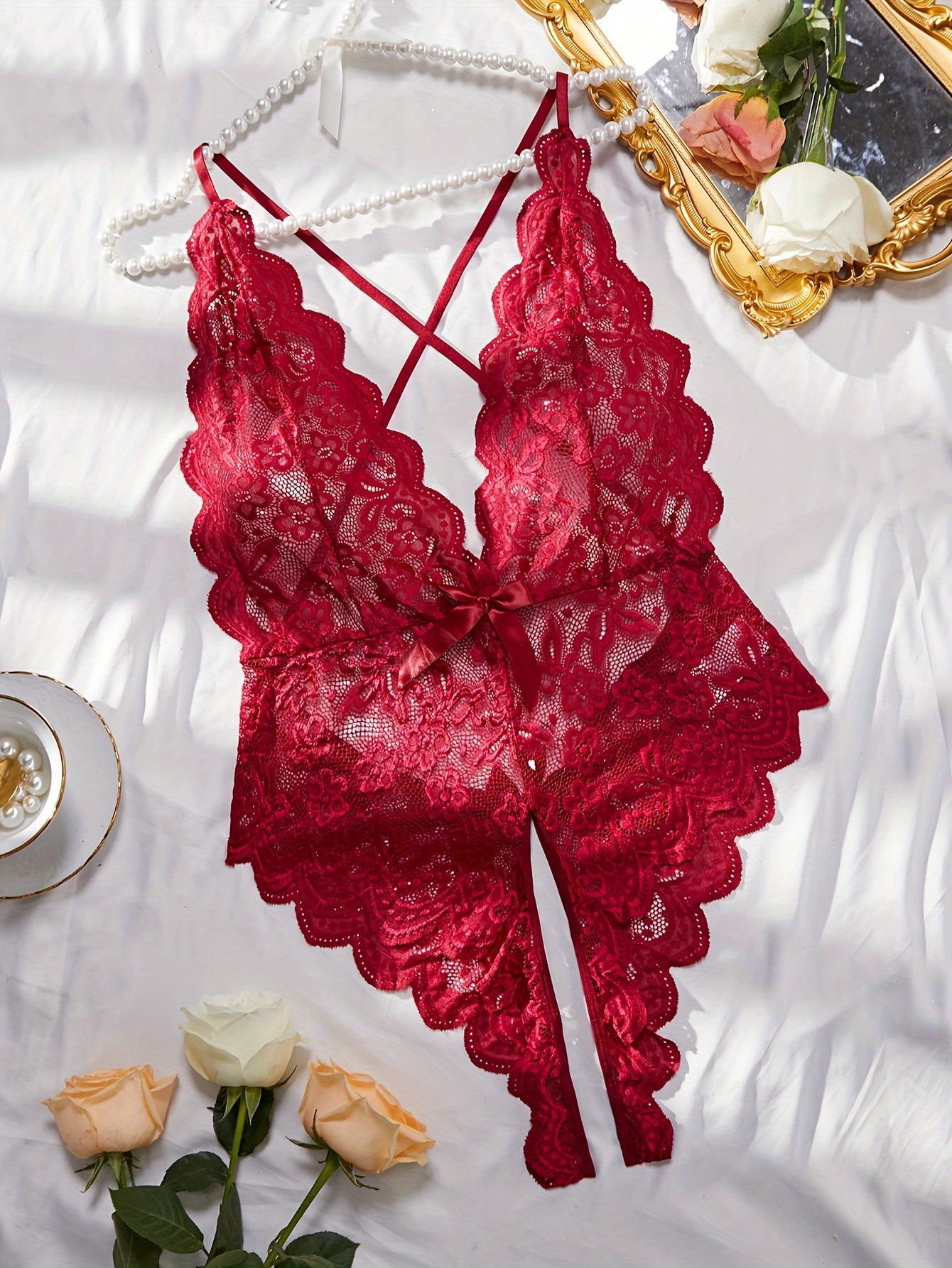 Plus Size Seductive Floral Lace Bodysuit - Plunging Halter Neck, Open Crotch, Medium Stretch, Sheer, Knit Fabric, Polyester Material - Sexy Lingerie for Women - Lena & Miles Exquisite Boutique LLC.