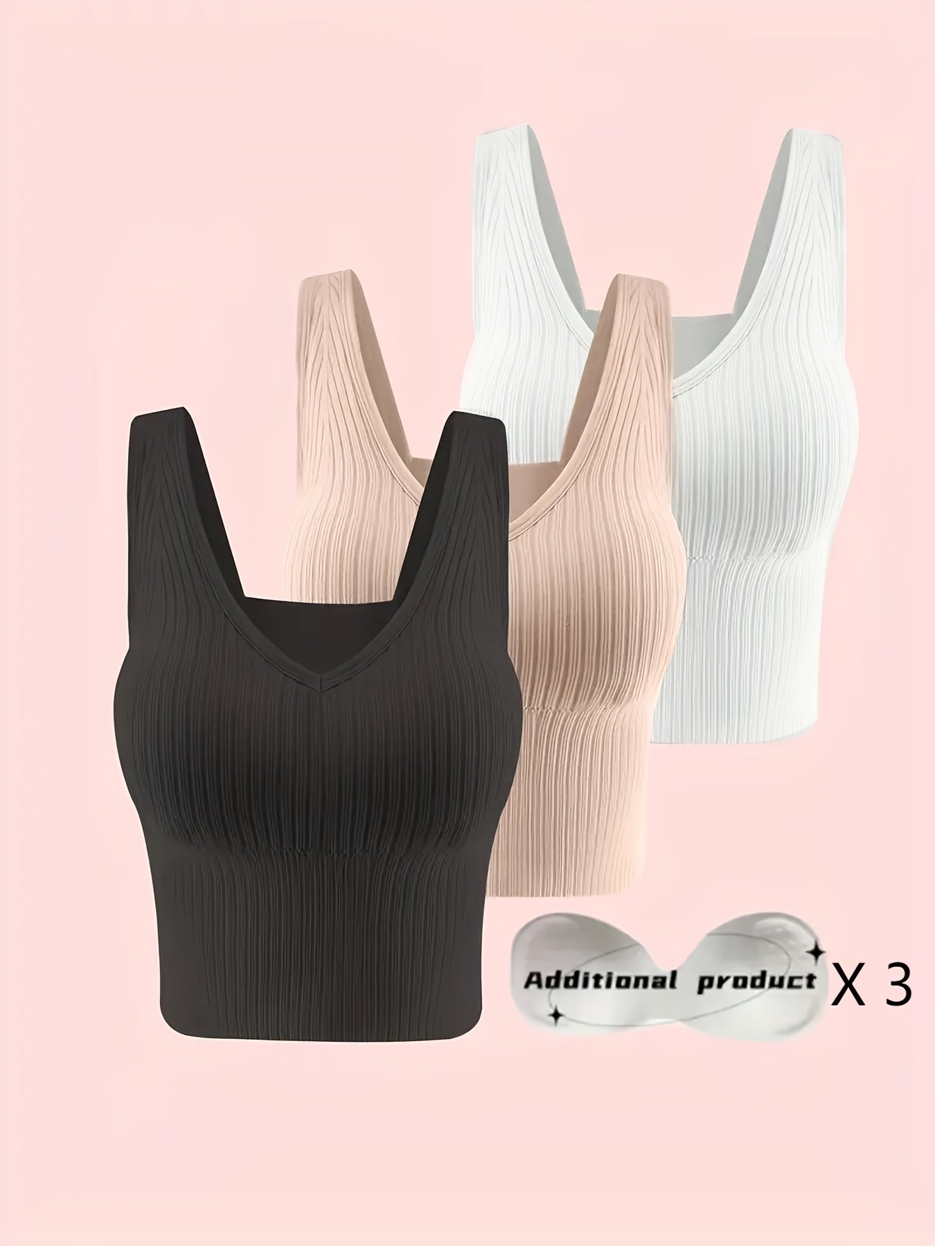 3pcs Comfortable Ribbed Tank Top - Wireless, Detachable Chest Pads, Breathable, Soft, and Seamless Lingerie & Underwear for Women - Casual, Everyday Wear - Lena & Miles Exquisite Boutique LLC.