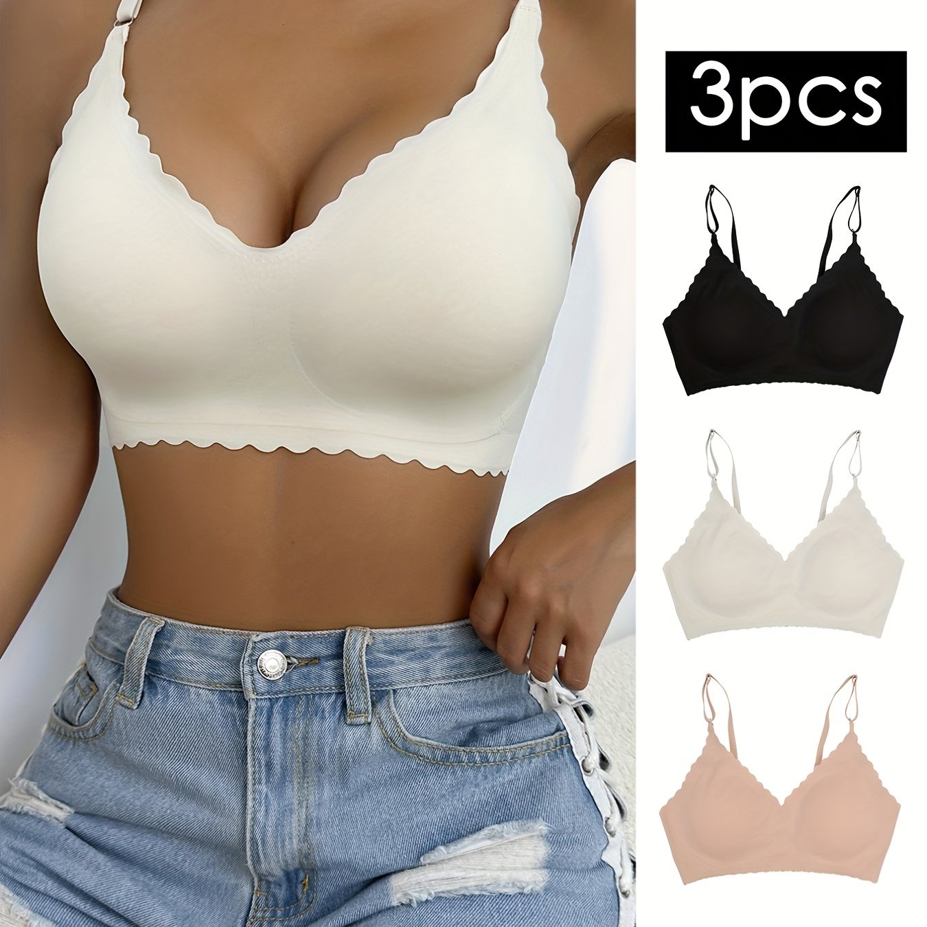3pcs Wavy Trim Seamless Bralettes, Comfortable & Breathable Wireless Intimates Bras, Women&